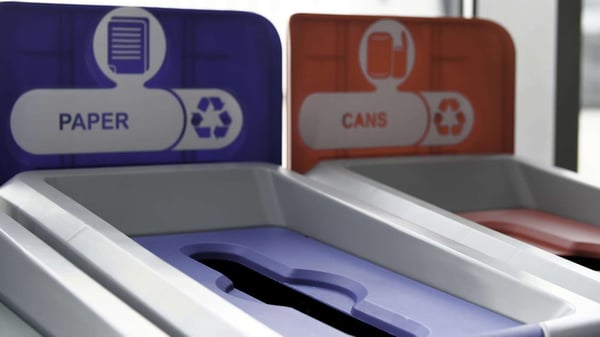 Two bins side by side, paper and card, tins and cans